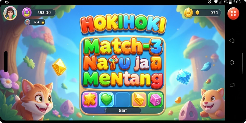 Tampilan gameplay seru HOKIHOKI dengan elemen Match-3 yang berwarna-warni.