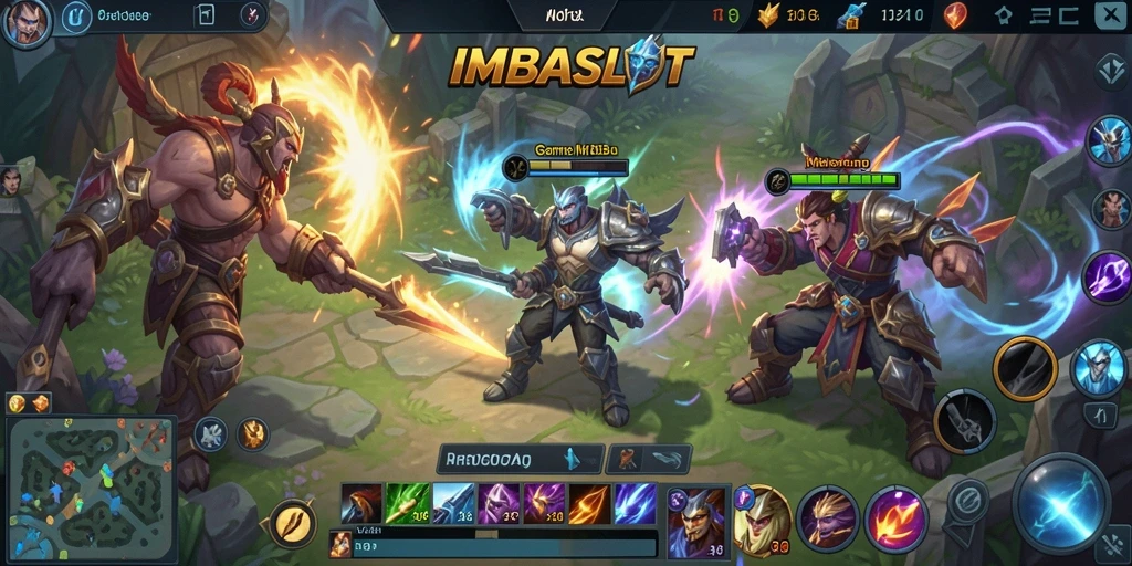 Screenshot gameplay <strong>IMBASLOT</strong> menampilkan pertarungan epik dalam arena MOBA.