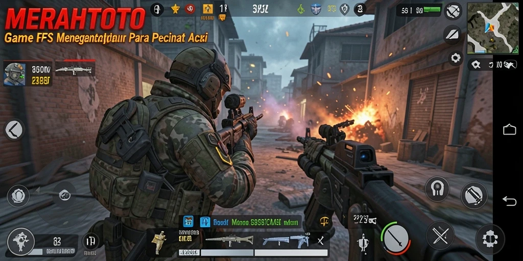 Gameplay MERAHTOTO menegangkan dengan aksi tembak-menembak yang intens.