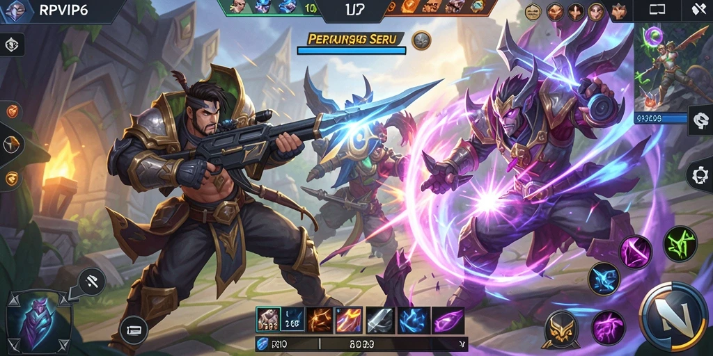 Screenshot RPVIP6 menampilkan aksi intens dalam pertempuran MOBA.