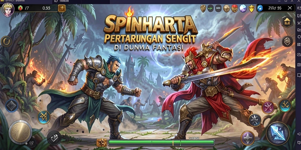 Tampilan screenshot SPINHARTA menampilkan pertarungan penuh aksi dengan karakter beragam.