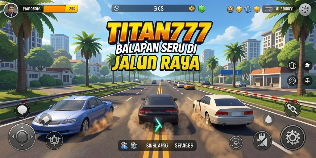 Gameplay balapan seru di TITAN777 dengan mobil berkecepatan tinggi.
